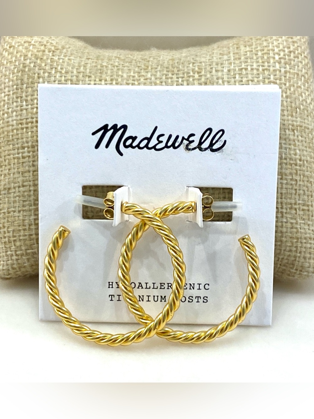 Madewell Twisted Metal Hoop Earrings Gold Tone Textured Rope C-Hoop NWT